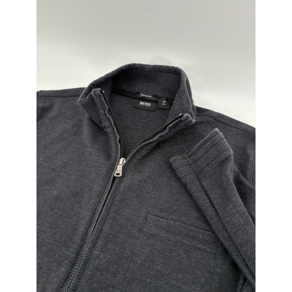 Hugo Boss Mens Regular Fit Full Zip Cardigan Sweater Charcoal Gray Mock Neck‎ M